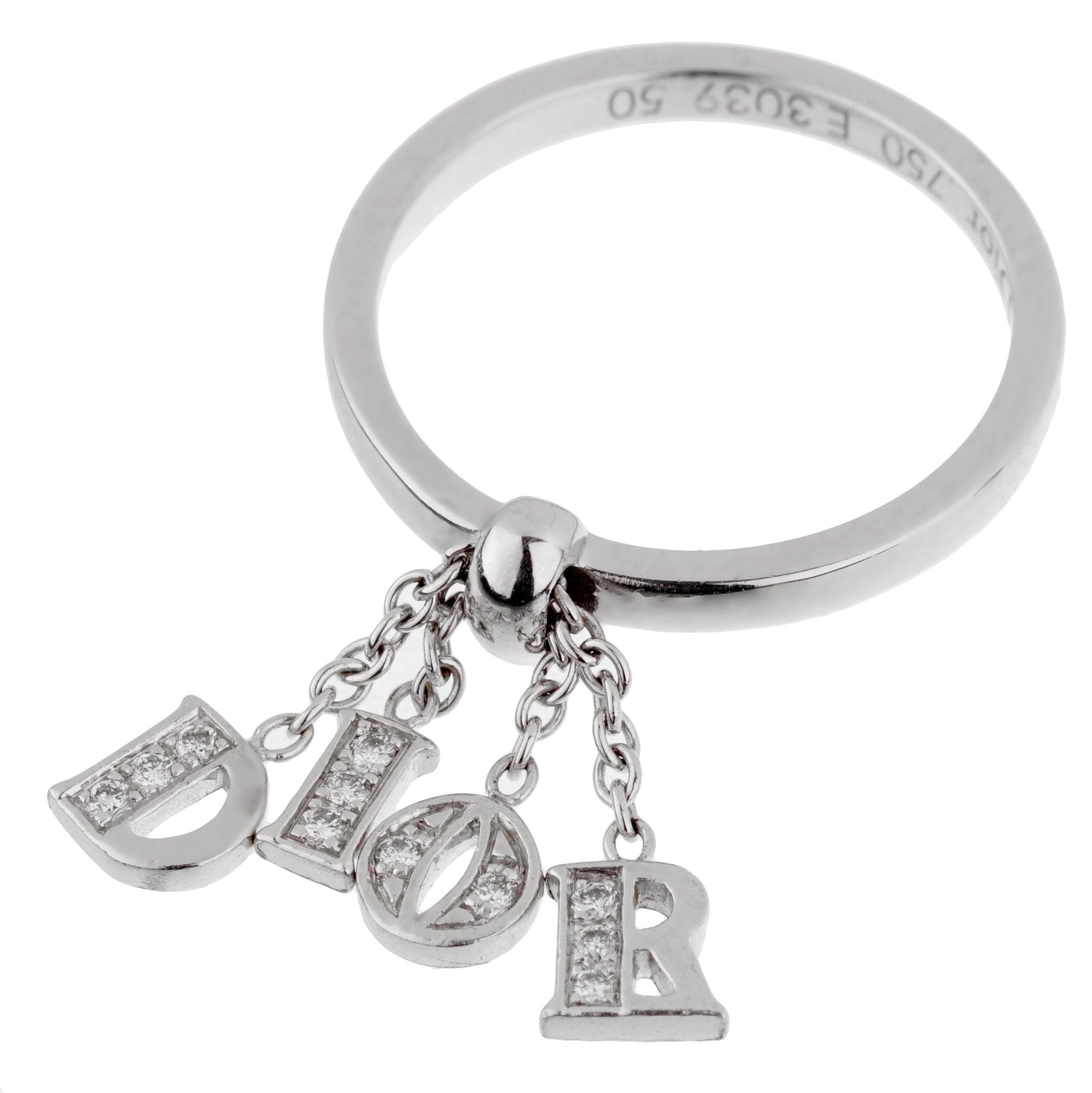 Dior 18k White Gold Diamond Dangling Ring Sz 5