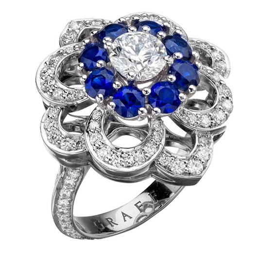 Graff Sapphire & Diamond Cocktail Platinum Rosette Ring Sz 5 1/2
