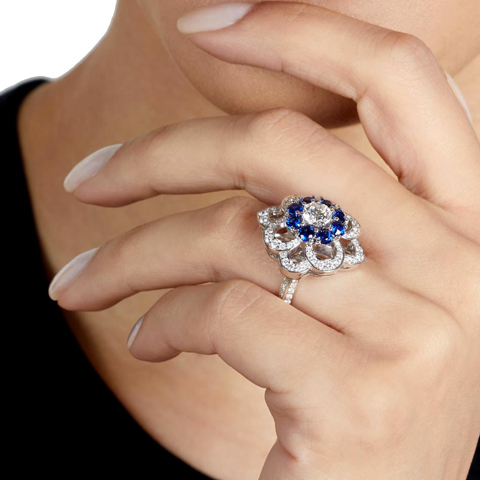 Graff Sapphire & Diamond Cocktail Platinum Rosette Ring Sz 5 1/2