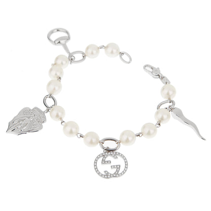 Gucci GG Diamond 18k White Gold Pearl Charm Bracelet