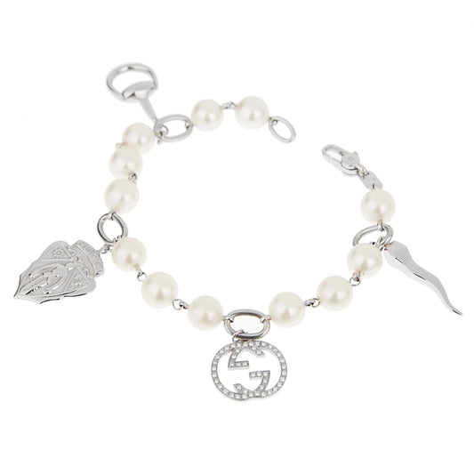 Gucci GG Diamond 18k White Gold Pearl Charm Bracelet