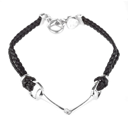 Gucci Leather Braided Horsebit Silver Bracelet