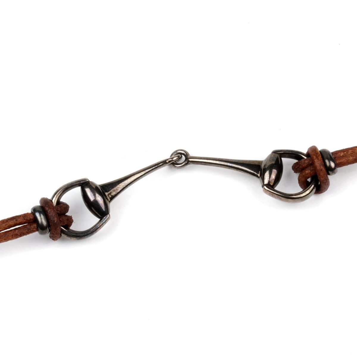 Gucci Leather Burnished Silver Horsebit Bracelet