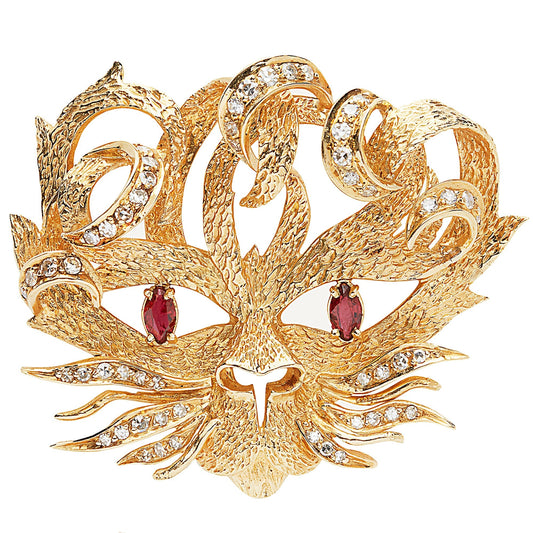 Hermes Mistigri Ruby Diamond 18k Yellow Gold Vintage Brooch