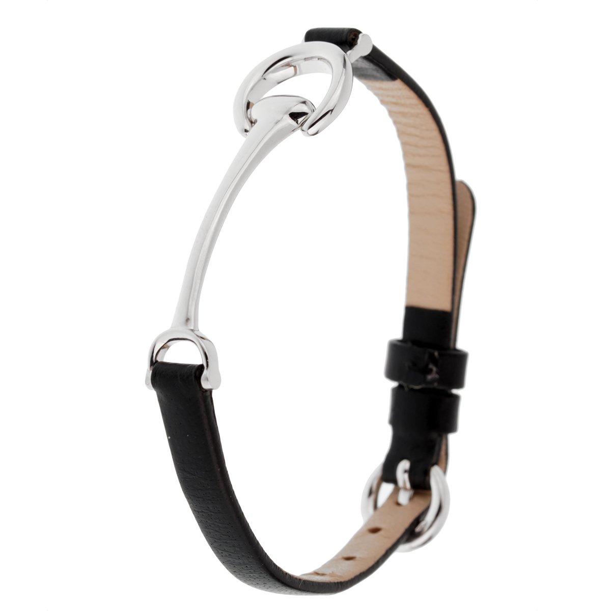 Ladies White Gold Black Leather Horsebit Bracelet