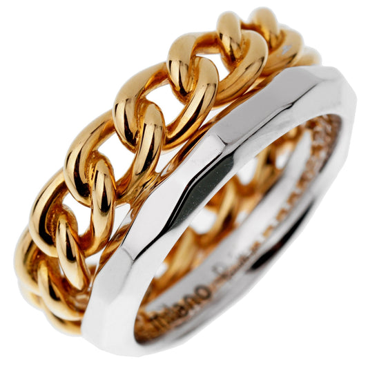 Pomellato 18k Cuban Link Rose White Gold Double Band Ring Size 6 1/2