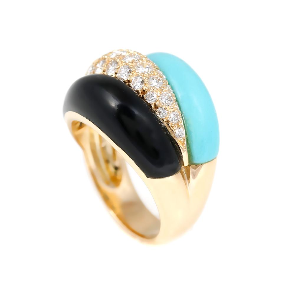 Van Cleef & Arpels Onyx Turquoise Diamond Gold Bombe Ring