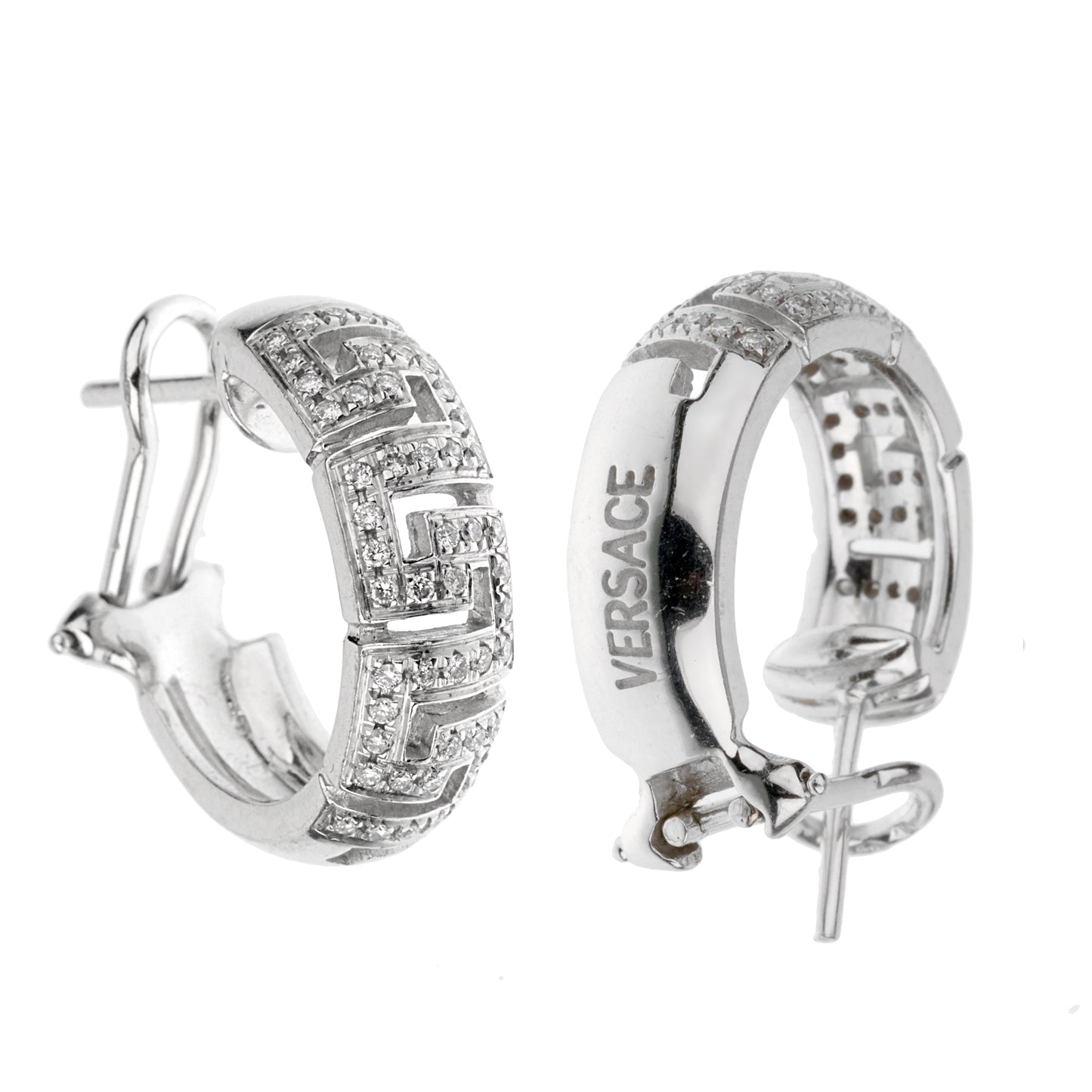 Versace 18k White Gold Diamond Greek Key Hoop Earrings