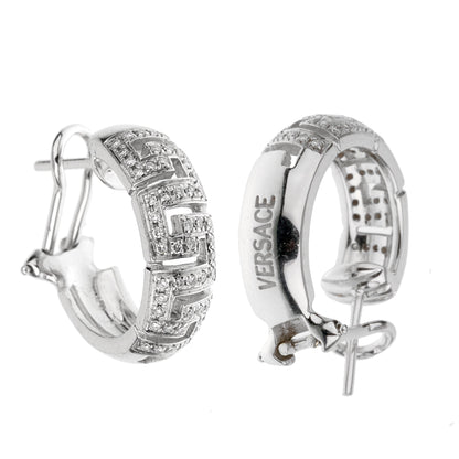 Versace 18k White Gold Diamond Greek Key Hoop Earrings