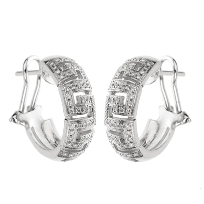 Versace 18k White Gold Diamond Greek Key Hoop Earrings