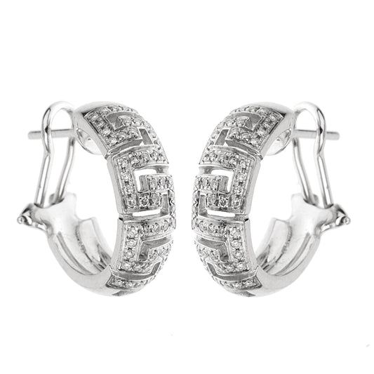 Versace 18k White Gold Diamond Greek Key Hoop Earrings