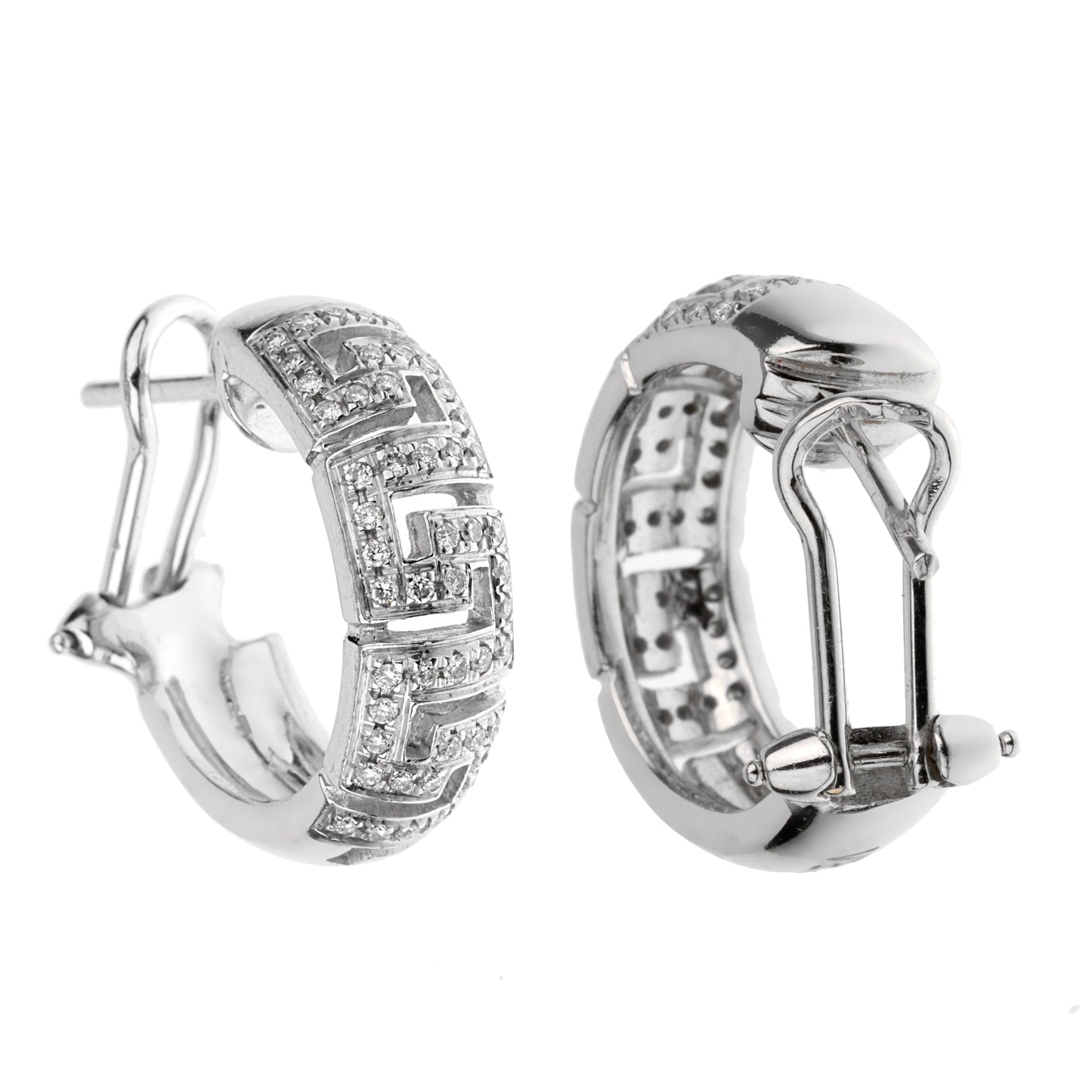 Versace 18k White Gold Diamond Greek Key Hoop Earrings
