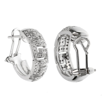 Versace 18k White Gold Diamond Greek Key Hoop Earrings
